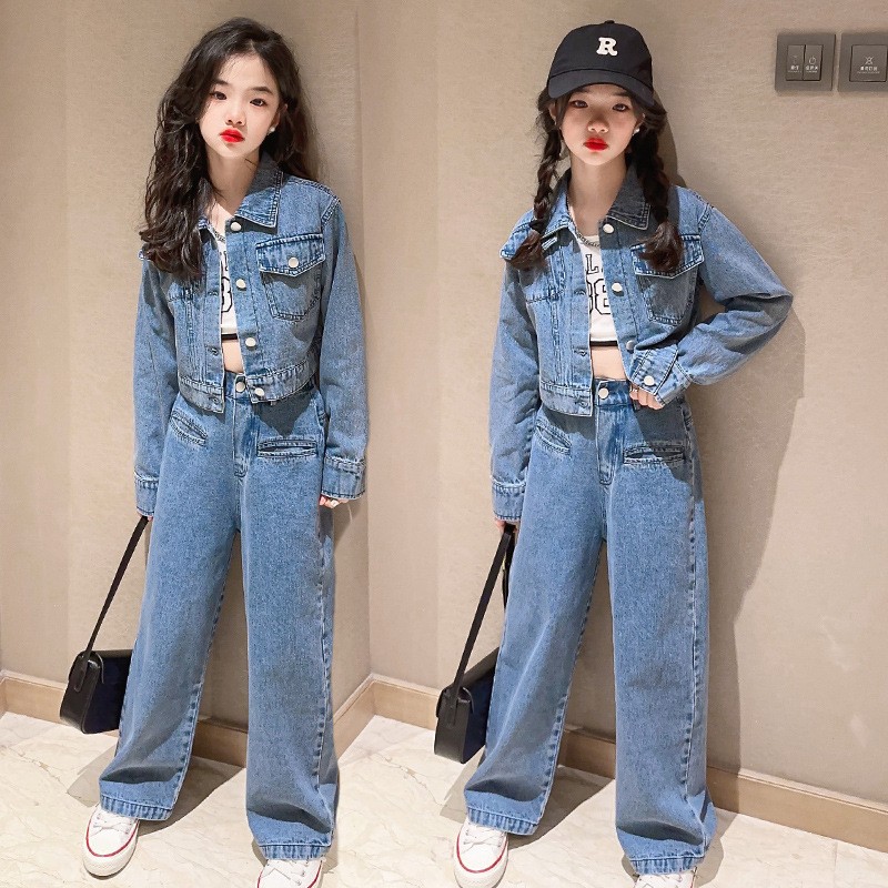 Girl Clothes Set Supplier - OEM Spring Autumn Denim Jacket Trousers Set