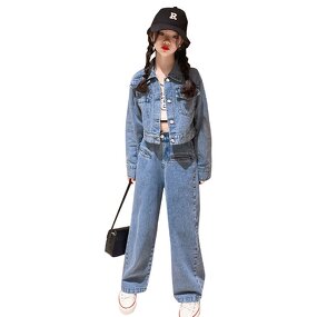 Girl Clothes Set Supplier - OEM Spring Autumn Denim Jacket Trousers Set