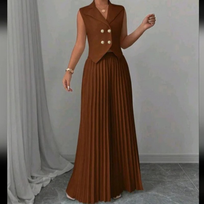 Women 2Pc Outfits Supplier - OEM Elegant Button Pleated Commute Office Fashion