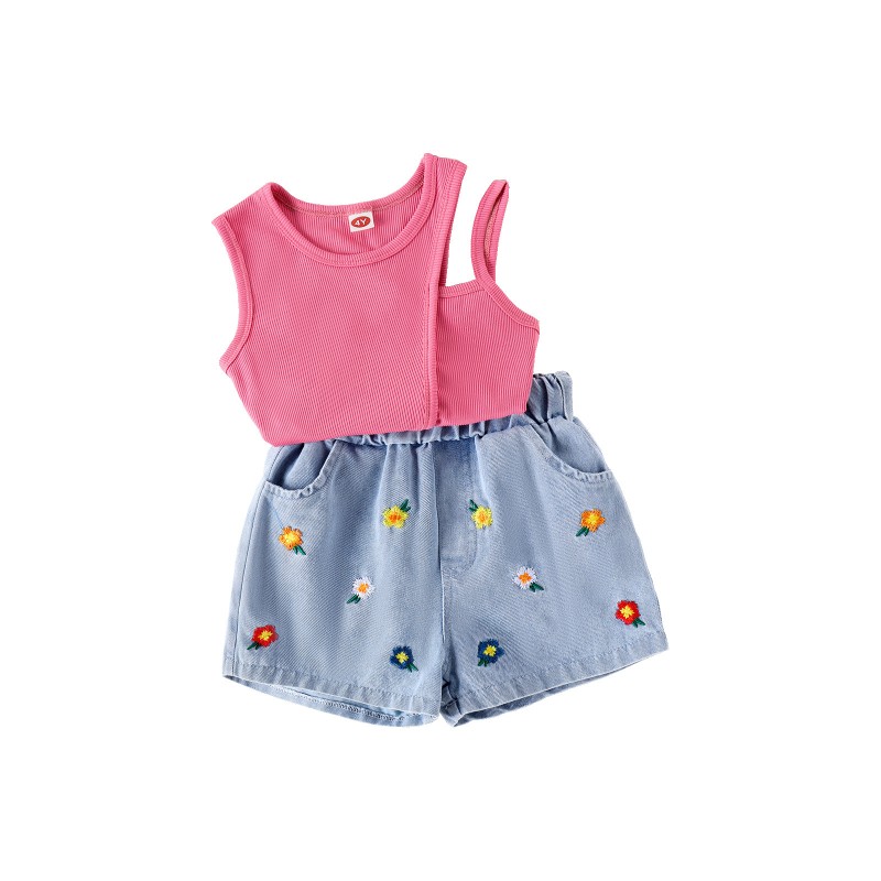 Kids Clothing Set Supplier - Factory Direct One Shoulder Vest Denim Shorts