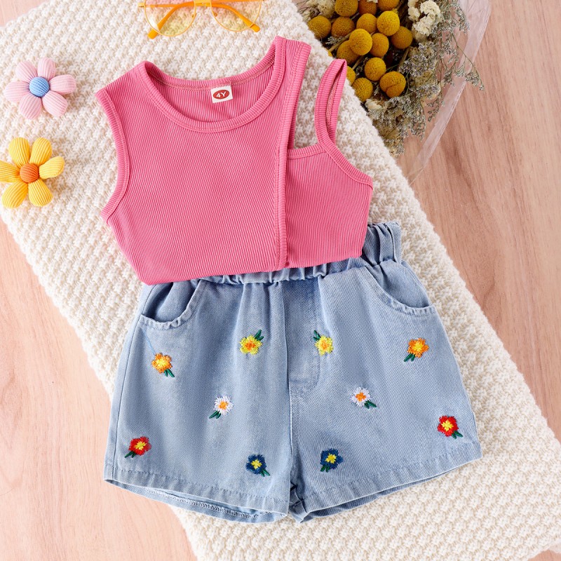 Kids Clothing Set Supplier - Factory Direct One Shoulder Vest Denim Shorts