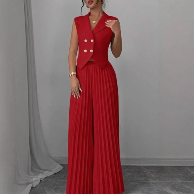 Women 2Pc Outfits Supplier - OEM Elegant Button Pleated Commute Office Fashion