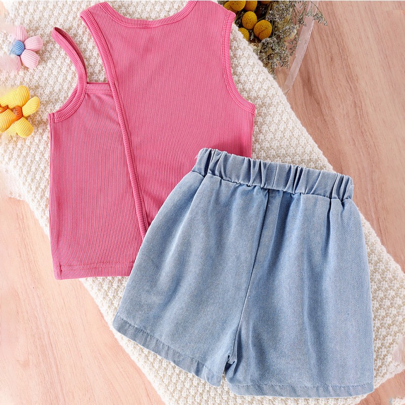 Kids Clothing Set Supplier - Factory Direct One Shoulder Vest Denim Shorts