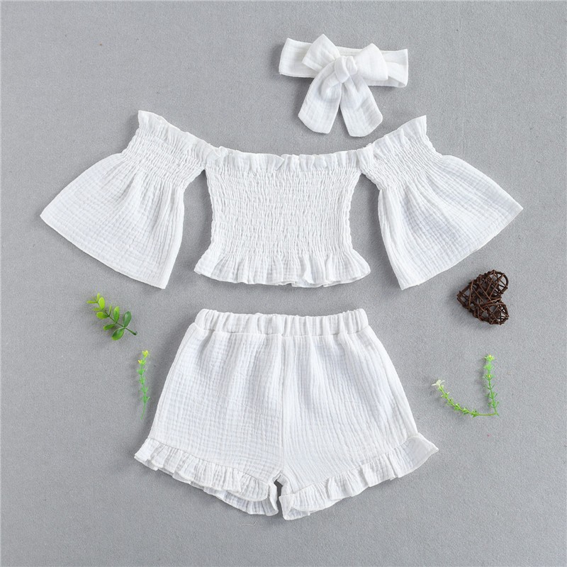 Baby Girls Shorts Suit Manufacturer - OEM Three-piece Off Shoulder Bubble Sleeve