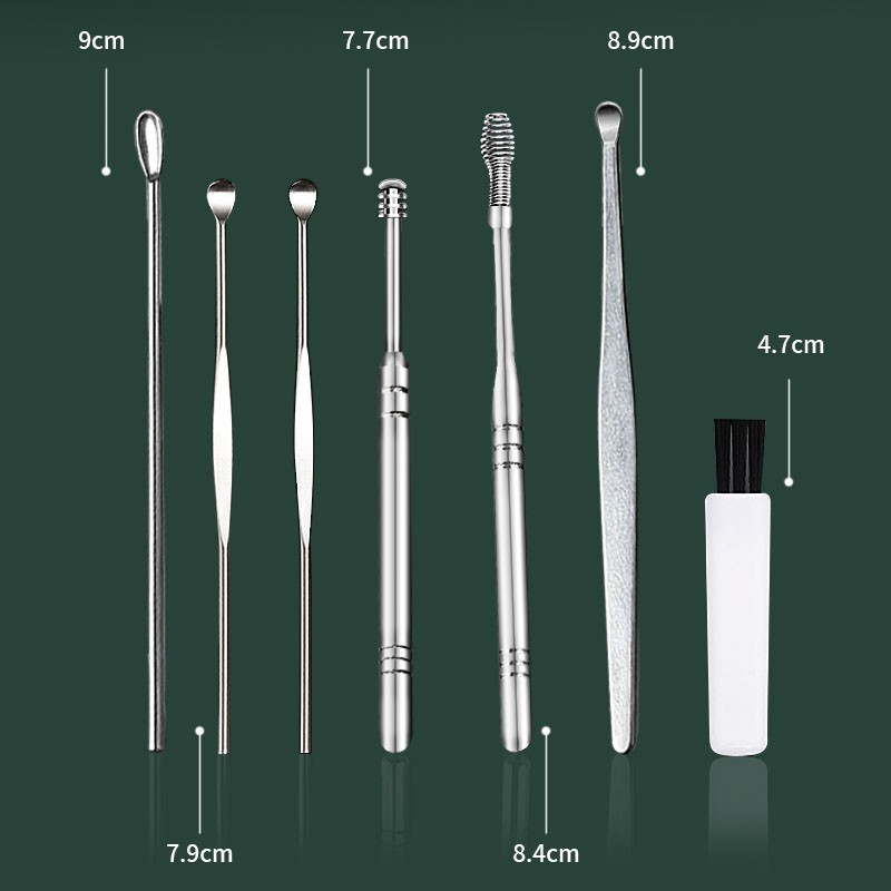 Portable Stainless Steel and Plastic Earpick Cleaning Device 7PCS Silver Pattern Ear Spoon for Hotel Use