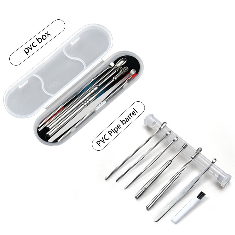 Portable Stainless Steel and Plastic Earpick Cleaning Device 7PCS Silver Pattern Ear Spoon for Hotel Use