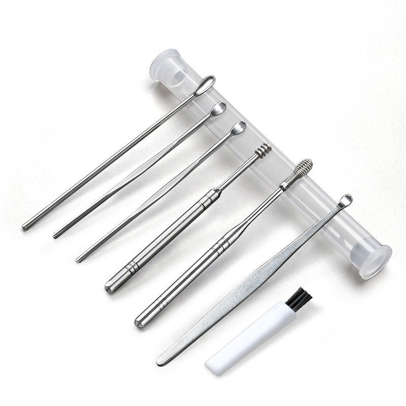 Portable Stainless Steel and Plastic Earpick Cleaning Device 7PCS Silver Pattern Ear Spoon for Hotel Use