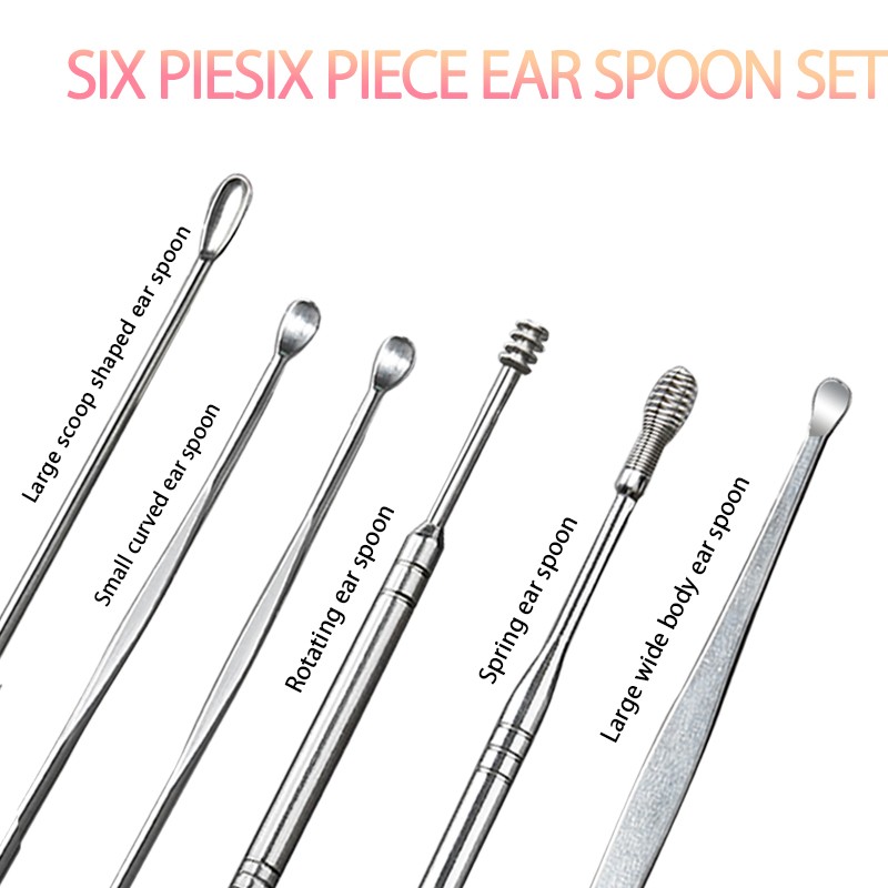Portable Stainless Steel and Plastic Earpick Cleaning Device 7PCS Silver Pattern Ear Spoon for Hotel Use
