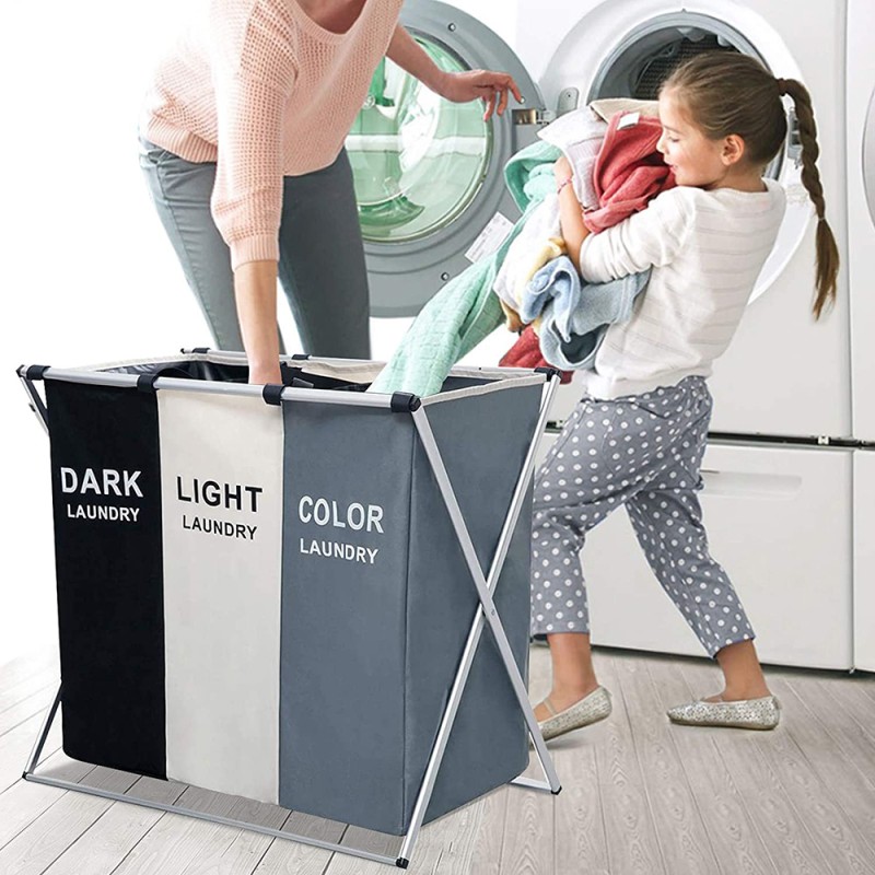 Laundry Basket Supplier - OEM Bathroom 3 Compartments Foldable Multifuncion