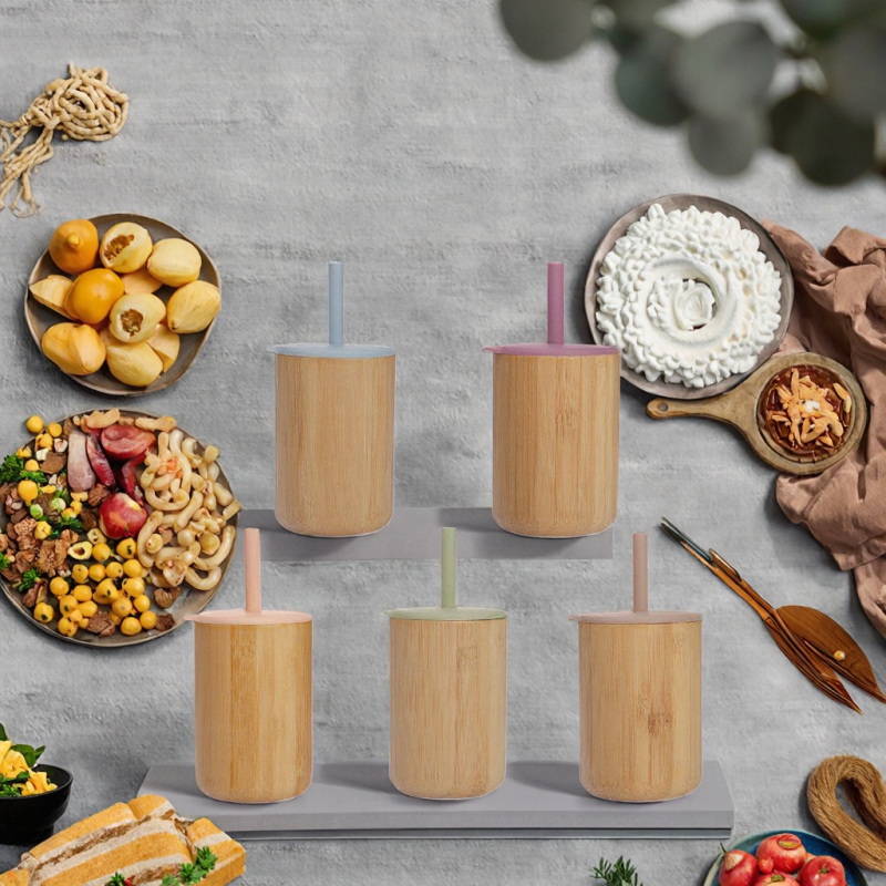 Silicone Straw Cup Set Manufacturer - OEM Bamboo Wood with Printed Pattern Lid