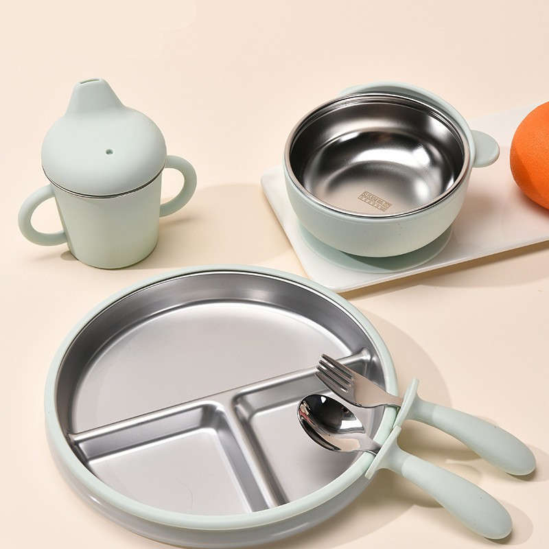 Food Grade Baby Feeding Set Manufacturer - OEM 304 Stainless Steel Silicone Suction Print