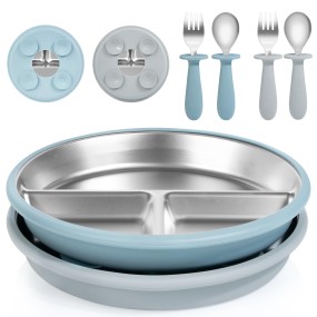 Baby Feeding Set Manufacturer - OEM 8in Stainless Steel Divided Plate with Spoon Fork