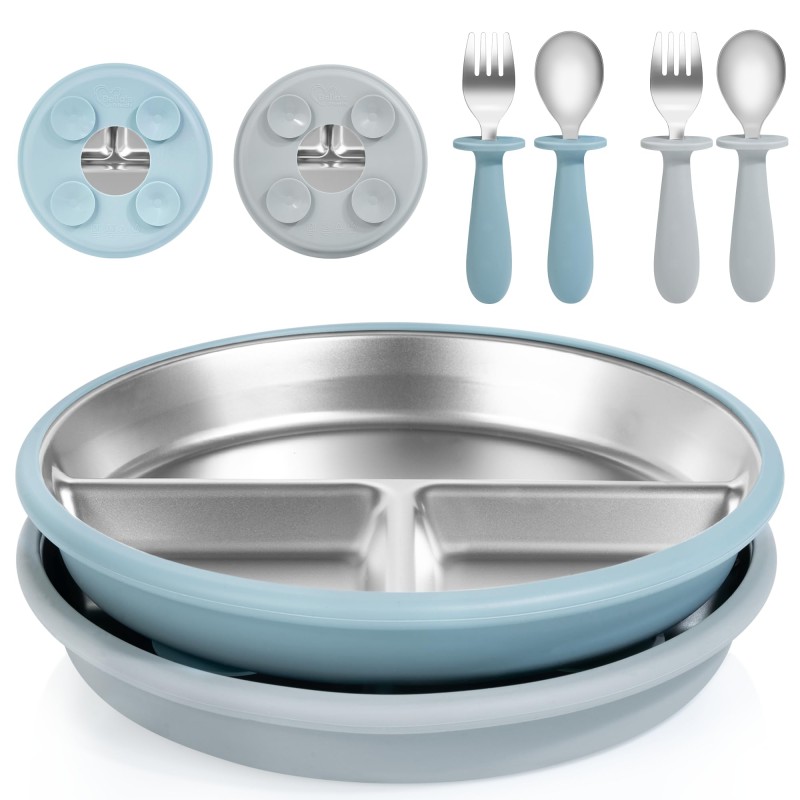 Baby Feeding Set Manufacturer - OEM 8in Stainless Steel Divided Plate with Spoon Fork