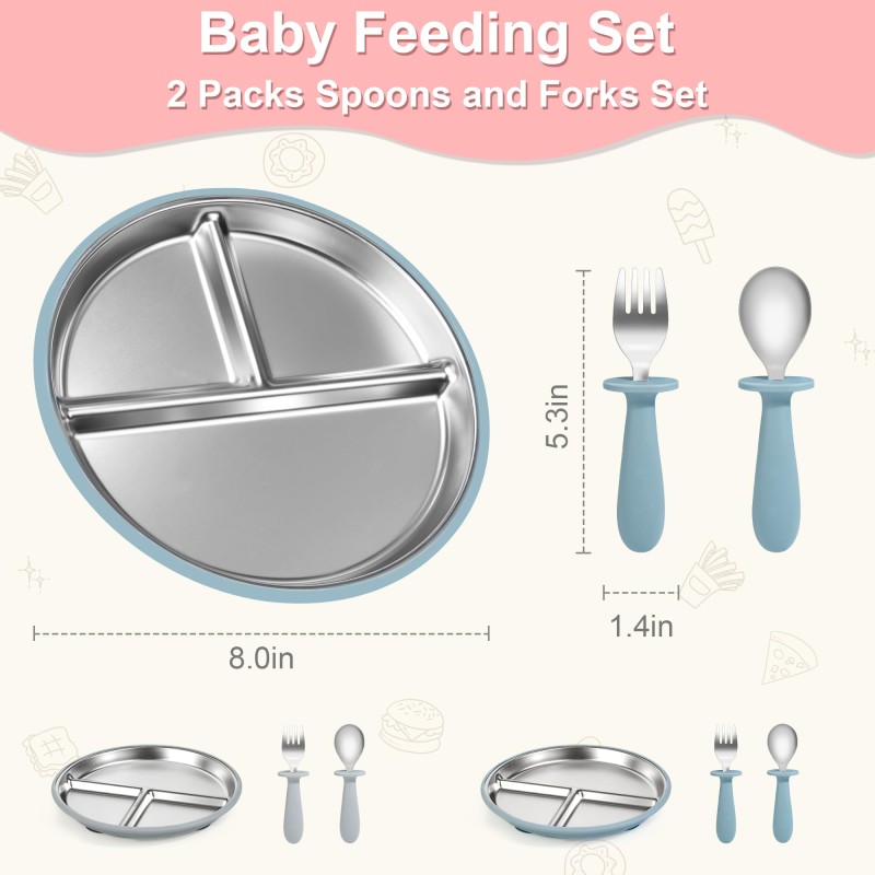 Baby Feeding Set Manufacturer - OEM 8in Stainless Steel Divided Plate with Spoon Fork