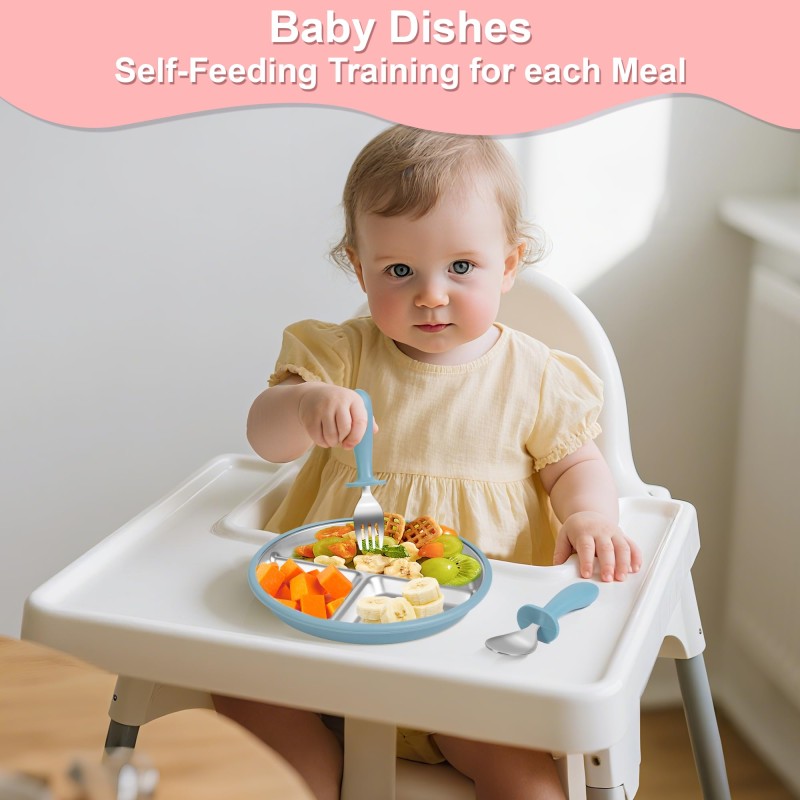 Baby Feeding Set Manufacturer - OEM 8in Stainless Steel Divided Plate with Spoon Fork