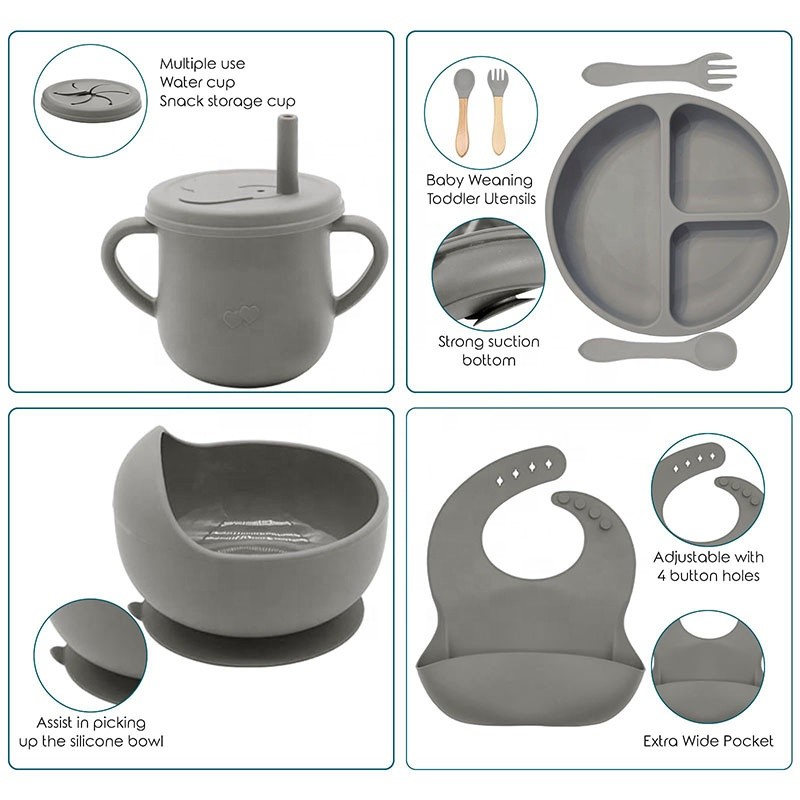 Baby LED Weaning Supplies Manufacturer - OEM 9 Pcs Cute Silicone Bib Spoon Bowl Plate