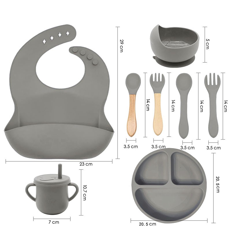 Baby LED Weaning Supplies Manufacturer - OEM 9 Pcs Cute Silicone Bib Spoon Bowl Plate