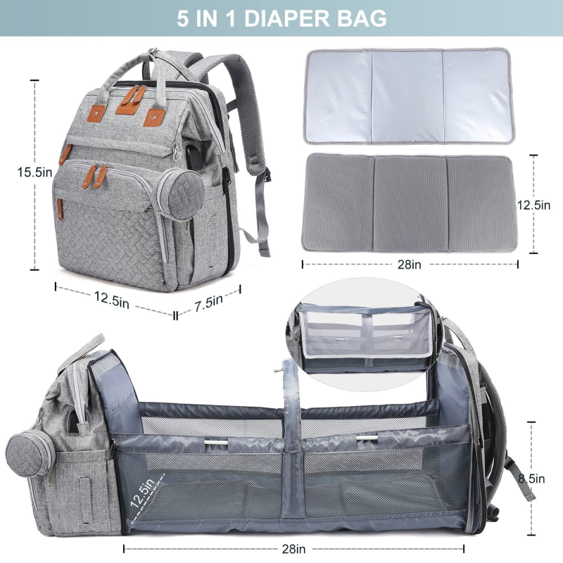 Diaper Bag - Quilted Water Resistant USB