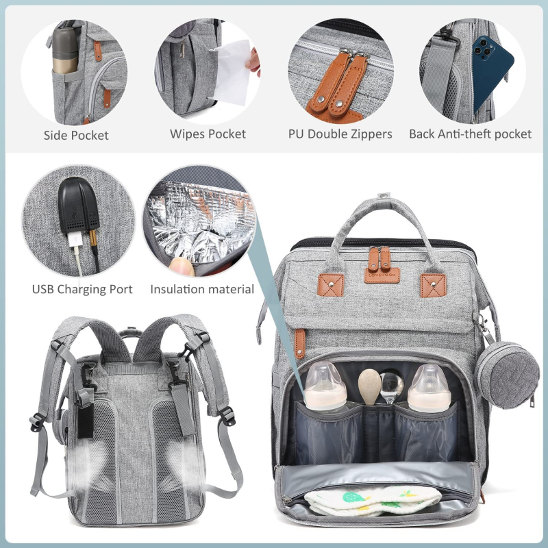 Diaper Bag - Quilted Water Resistant USB