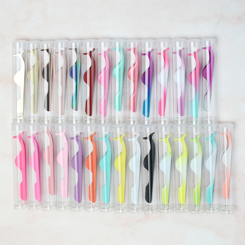 Custom logo Private Label Pink Plastic Lashes Applicator Tweezers Bulk Magnetic Lash Tweezers Packaging False Eyelash Tweezers