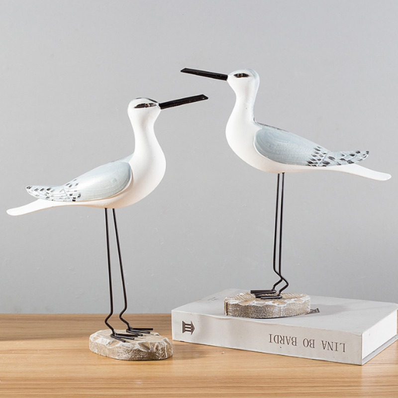 Seagull Statue - Wood Bird Decor 2pc