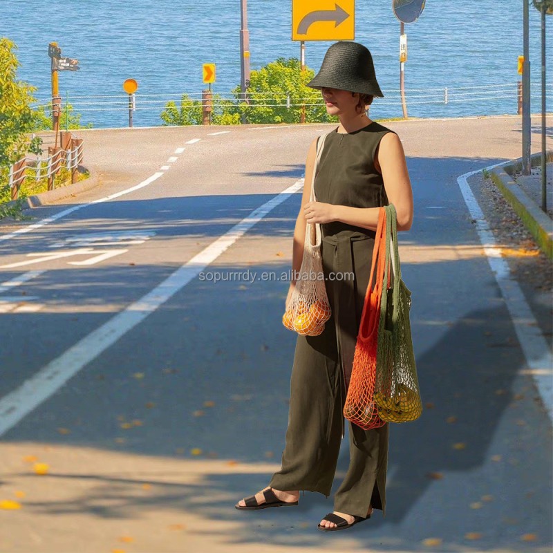 Custom Tote Bag Factory - Collapsible Reusable Cotton Mesh Market Shopping Bag