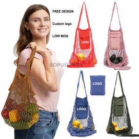 Custom Tote Bag Factory - Collapsible Reusable Cotton Mesh Market Shopping Bag