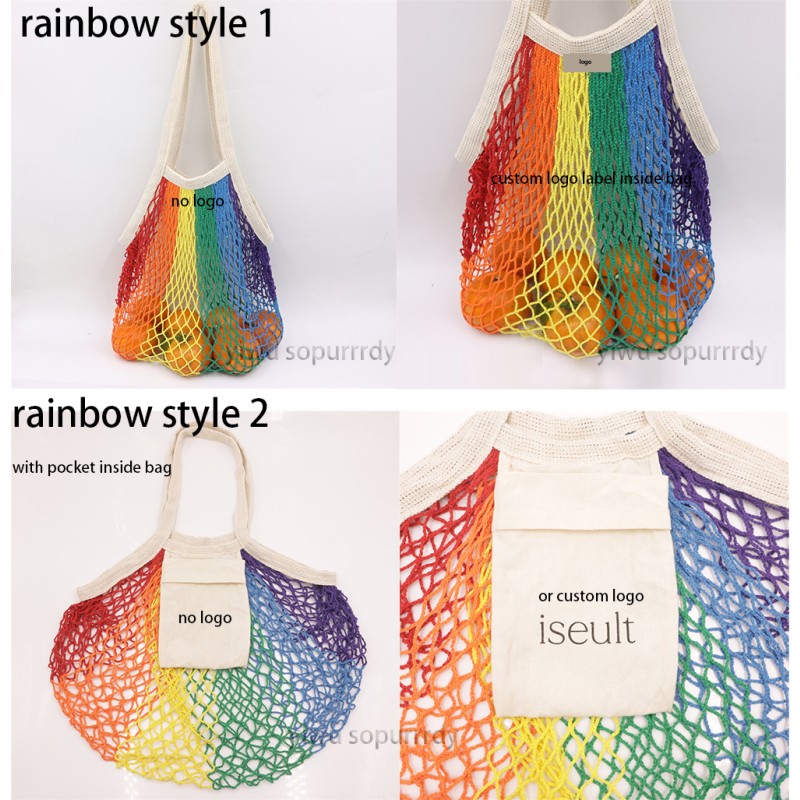 Custom Tote Bag Factory - Colorful Gradient Reusable Cotton Mesh Beach Bag