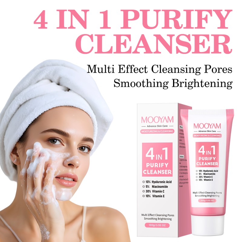 Wholesale 4 in 1 Facial Cleanser With Hyaluronic Acid Niacinamide VC VE Beauty Pore Clean Oil Control Firming MOOYAM Face Wash