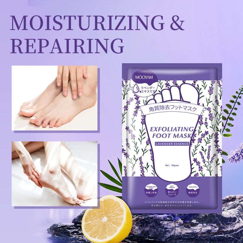 Private Label Lavender Feet Moisturizing Soften Callus Remover Exfoliating Footmask Socks Peeling Foot Mask