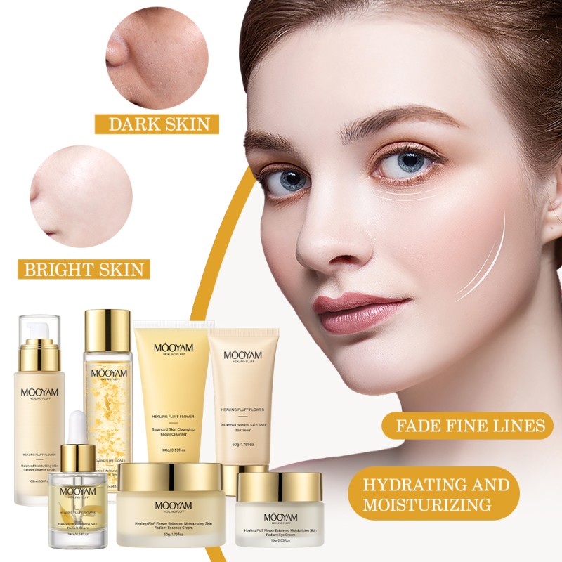 Private Label Luxury High Quality Healing Fluff Flower Balanced Moisturizing Skin Radiant Seven Piece Set MOOYAM Skin Care Set