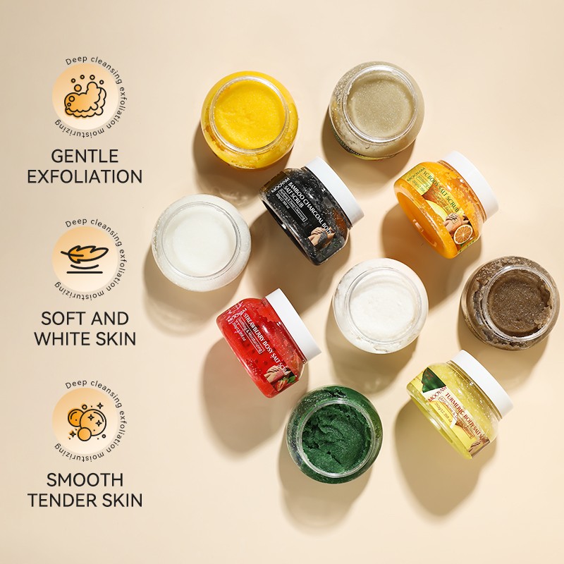 Wholesale Fruit Sea Salt Scrub Exfoliating Wholesale Vegan Skin Whitening Moisturizing Mango Blueberry Kiwi Bath Salt Body Scrub