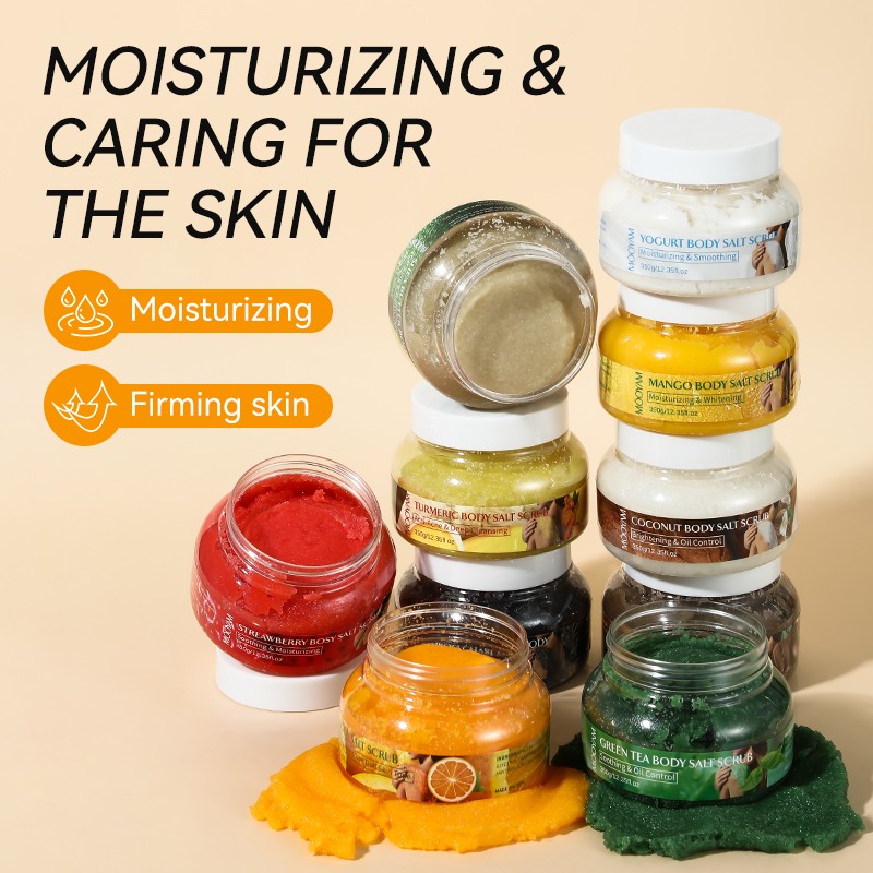 Wholesale Fruit Sea Salt Scrub Exfoliating Wholesale Vegan Skin Whitening Moisturizing Mango Blueberry Kiwi Bath Salt Body Scrub
