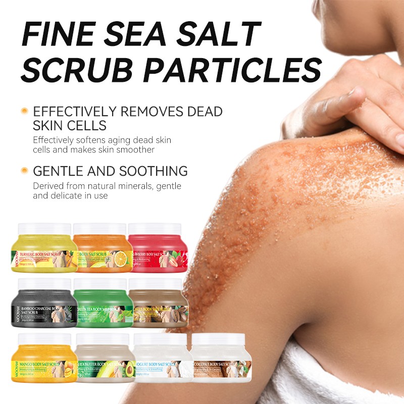 Wholesale Fruit Sea Salt Scrub Exfoliating Wholesale Vegan Skin Whitening Moisturizing Mango Blueberry Kiwi Bath Salt Body Scrub