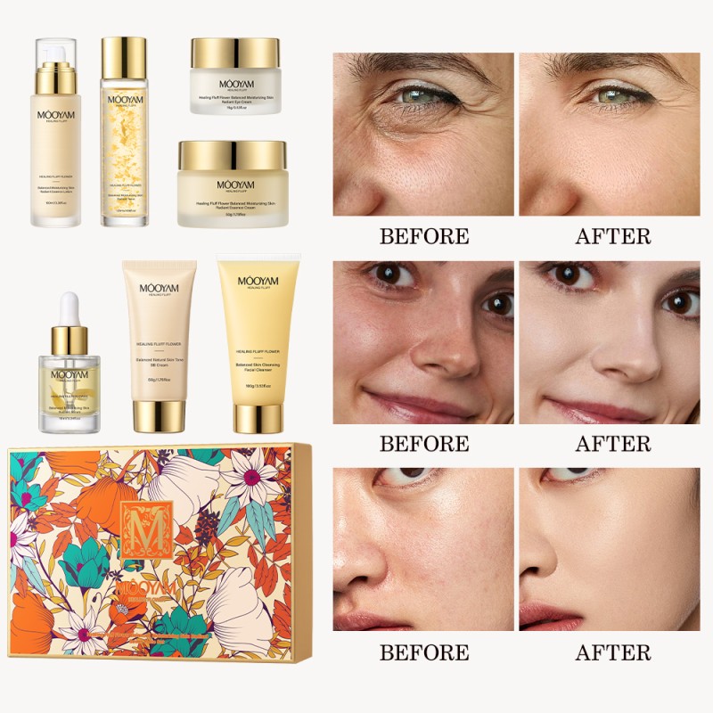 Private Label Luxury High Quality Healing Fluff Flower Balanced Moisturizing Skin Radiant Seven Piece Set MOOYAM Skin Care Set