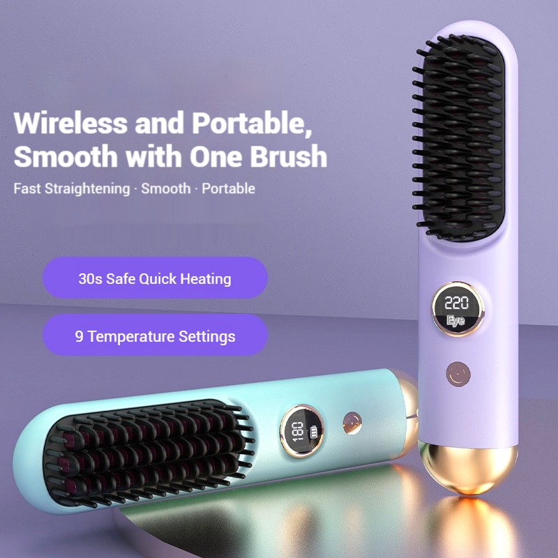 Portable Wireless USB Charging 2-in-1 Hair Styling Tool Safe Curler Iron & Straightener Brush for Household Use