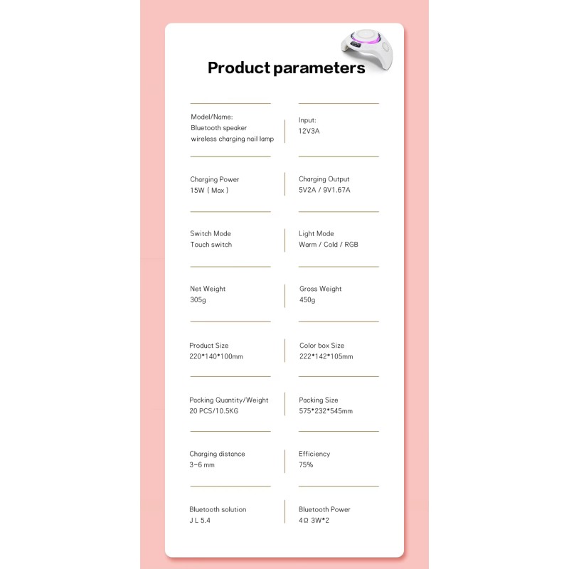 Professional Gel Polish Curing Light Machine Led Nail Lamp Nail Dryer UV Lamps With15W Phone Wireless Charger and Speaker