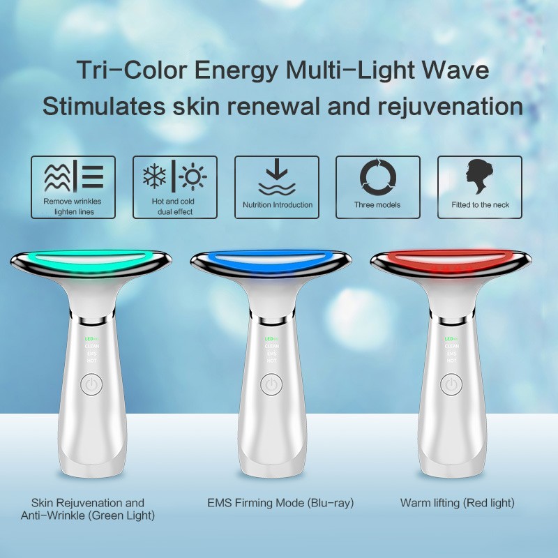 Wrinkles Reducing Instrument 3 Color LED Anti-aging Neck Vibration EMS Micro-current Lifting Massager Neck Face Beauty Device