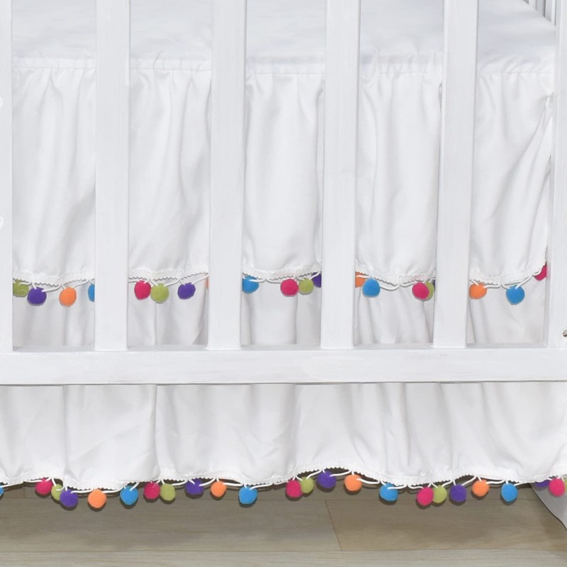 Crib Skirt Factory - White Pompom Microfiber Embroidered