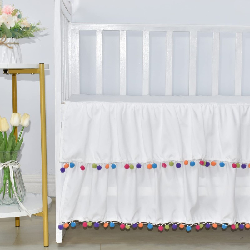 Crib Skirt Factory - White Pompom Microfiber Embroidered