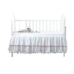 Crib Skirt Factory - White Pompom Microfiber Embroidered