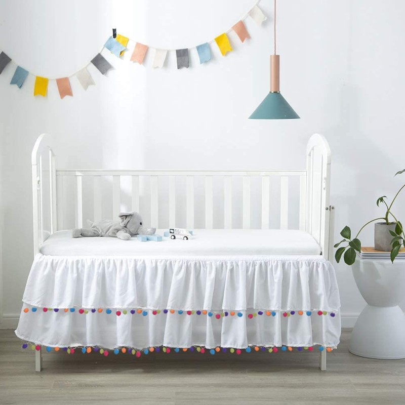 Crib Skirt Factory - White Pompom Microfiber Embroidered
