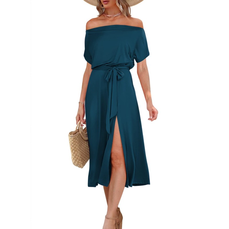 Summer Women Solid Color Casual Dress Off-Shoulder Short Sleeve Tie Slit Evening Dress
