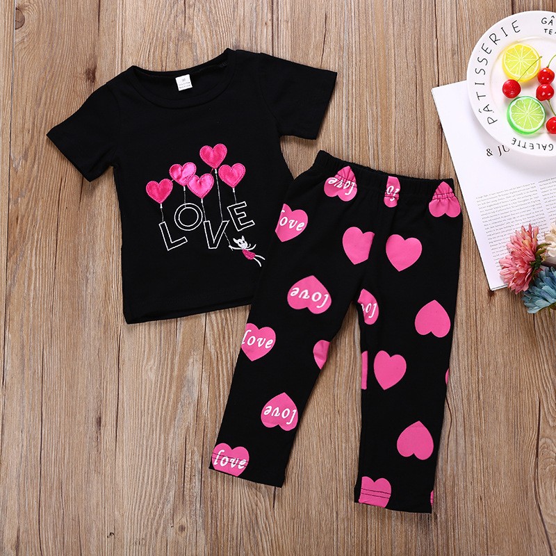 Hot Style Valentine's Day Children Set Love Cartoon Short Sleeve T-Shirt + Love Pants Girl Set