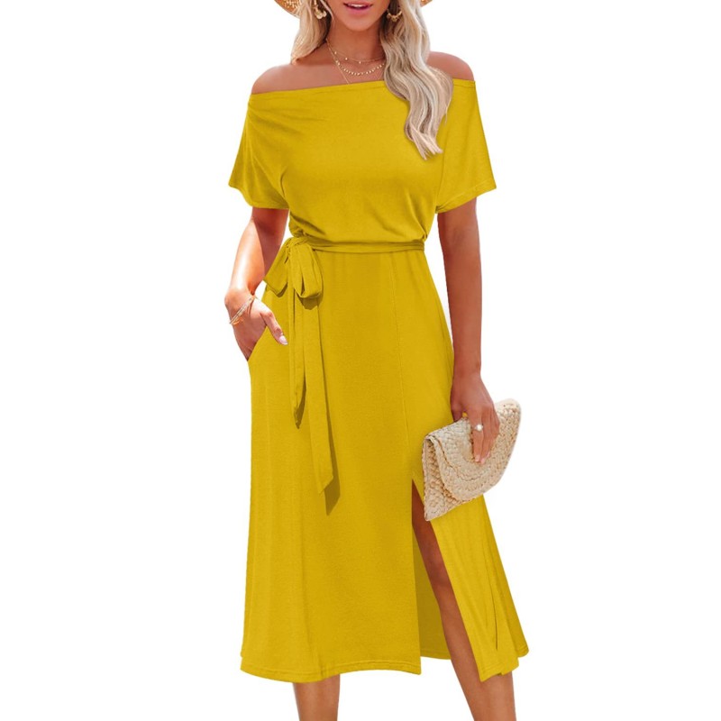 Summer Women Solid Color Casual Dress Off-Shoulder Short Sleeve Tie Slit Evening Dress
