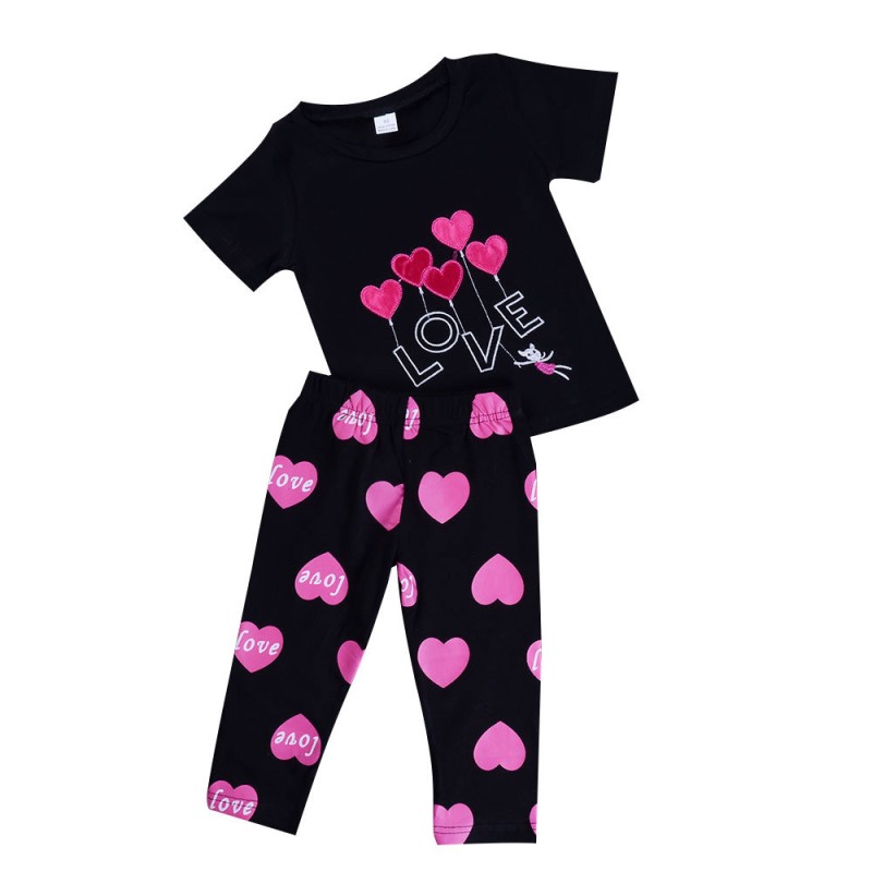 Hot Style Valentine's Day Children Set Love Cartoon Short Sleeve T-Shirt + Love Pants Girl Set