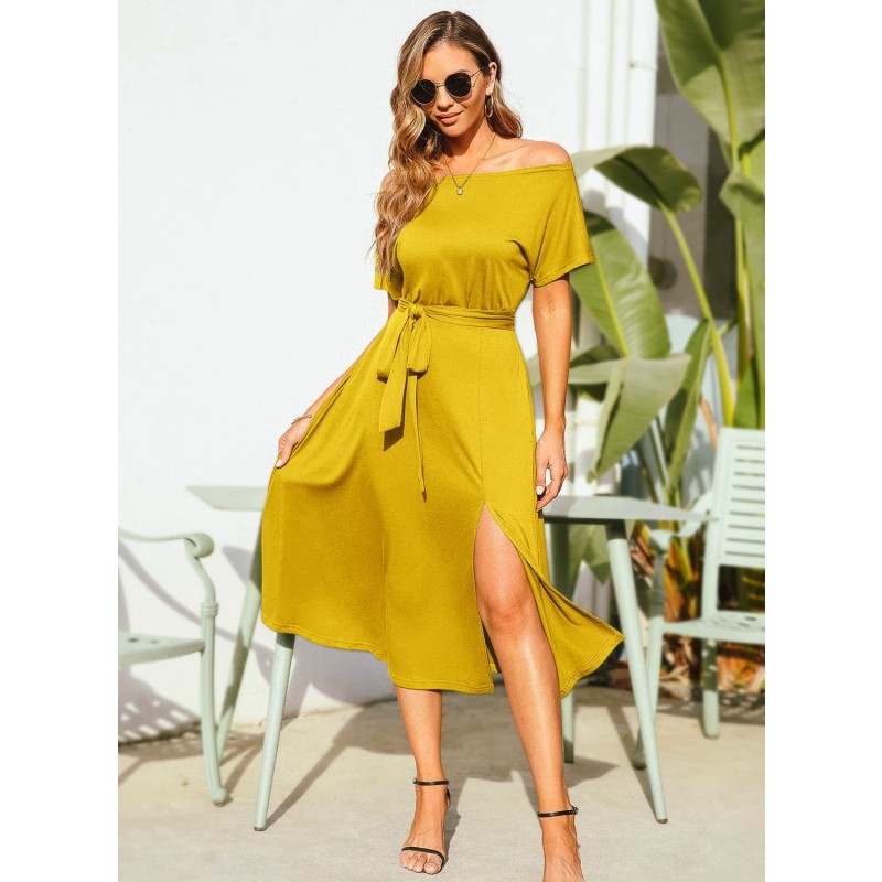 Summer Women Solid Color Casual Dress Off-Shoulder Short Sleeve Tie Slit Evening Dress