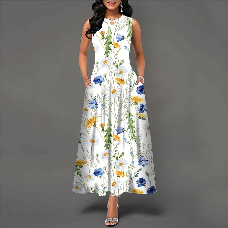 Summer Women Sleeveless Tank Top Print Dress with Pocket Plus Size Long Dress Maxi Skirt