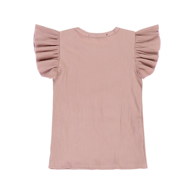 Pink Flutter Sleeve Cute Young Girl T-Shirt Ruffle Knit Ribbed Top Girl Clothes