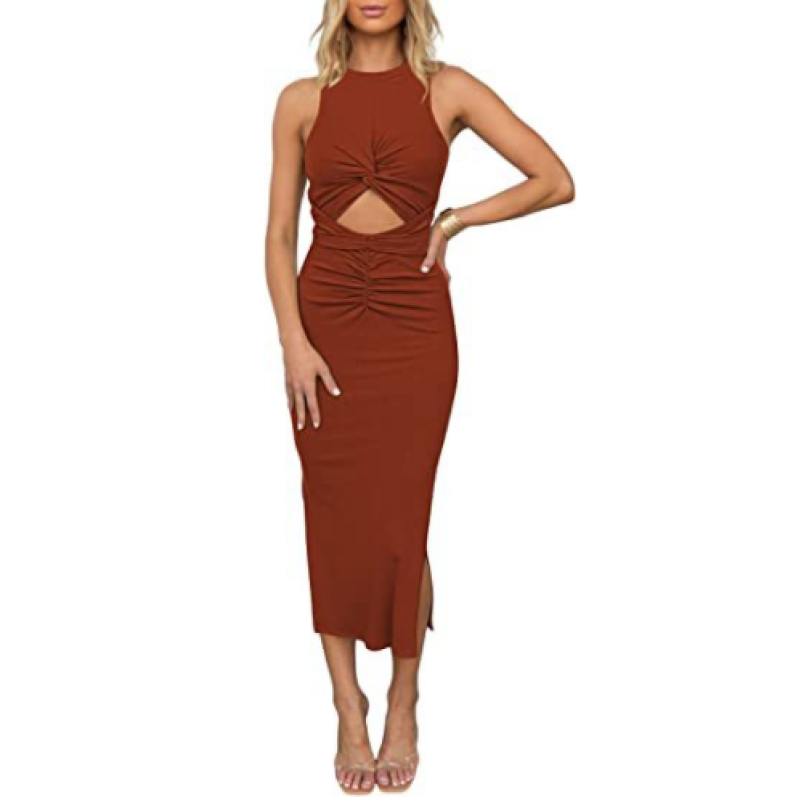 2023 Summer Women's Clothing European & American Sleeveless Plus Size Dress Hollow Out Ruffle Split Ribbed Knit Dress